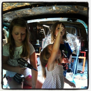 The girls working on my panel truck.