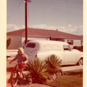 Sedan Delivery and My Aunt.  My Grandpas Delivery with Business name on it.   Story is my Grandma, mom and aunt were on vacation, came home to my grandpa being bruised and sore.  He had rolled his sedan delivery off of College Ave, right by the 8 freeway.