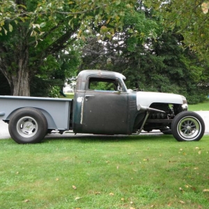 1950 Chevy custom chopped 4" rear 5" front, peaked roof with 40 chevy taillights frenched into back of cab, 2x4 tube frame OHC Ford, sliced n diced 88 ford bed with moulded 59 Caddy taillights