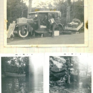 This is my buddy Steve Reep's 1930/y-block v8 powered A,called "Scarlet Fever". 
A camping trip in 1963 with the gang,yes that is a one wheel trailer that clamps to rear bumper,but we broke the leftrear axle anout 50 miles out on nowere US27 and sent for a new used axle,had to wate about 24hr to get and made the most of stop time in the canel beside the road,smoky didn't like us.