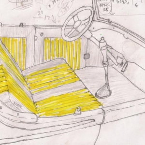 Did some drawing to fig-out the plan,desided to match the same pattern of roll n pleat as the seat plan to the panels.
This way were I set is going to be cooler then if all black like it was many years ago=had to keep a beach towel handy all the time.
