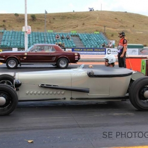 NZHRA Club Champs drags at Meremere April 2014, lining up against a Mustang.