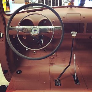 `49 Steering wheel, 3-speed w/OD on the floor & Lokar parking brake